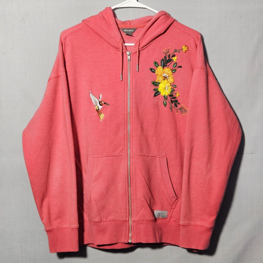 Eddie Bauer Cozy Camp Full Zip Hoodie Embroidered Humminbird Floral Sweatshirt